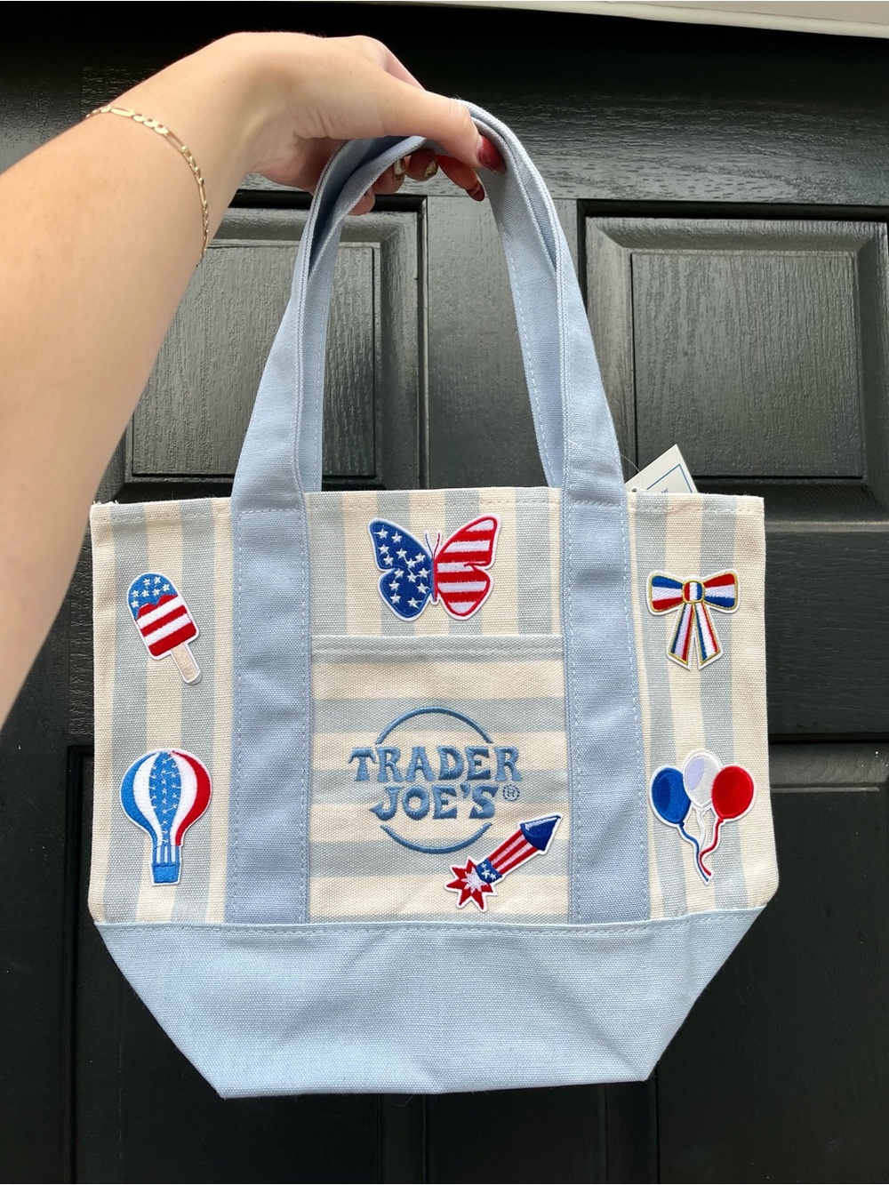 🇺🇸 Trader Joe's Mini Blue Striped Tote – Fourth of July Patriotic Patch Bag ❤️🤍💙